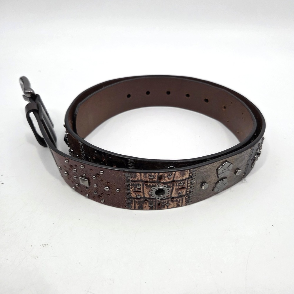 Fossil Multi Brown Patchwork Studded Boho Leather Belt L Metallic Y2K Pewter